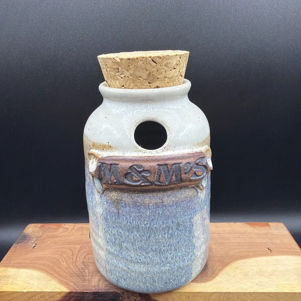 VTG Neher Studio Pottery M&M Jar W/ Cork Lid Beige Blue Funny Gift Handmade 5.5